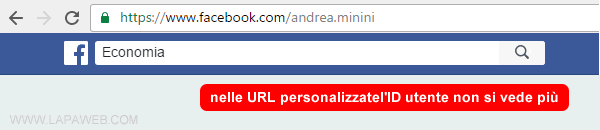 un esempio di URL personalizzata su Facebook dove non si vede più l'ID utente