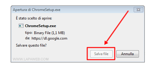 clicare su SALVA per scaricare il file di installazione di Google Chrome