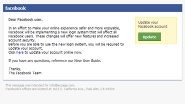 Esempio di email phishing e spam di Facebook