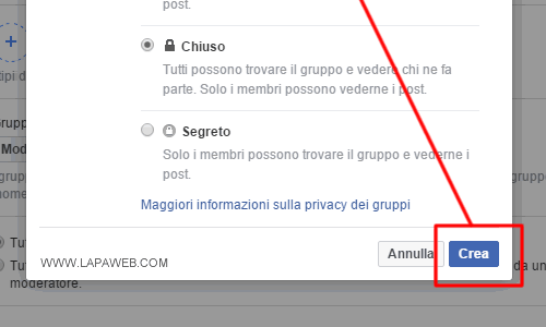 clicco sul pulsante CREA in basso