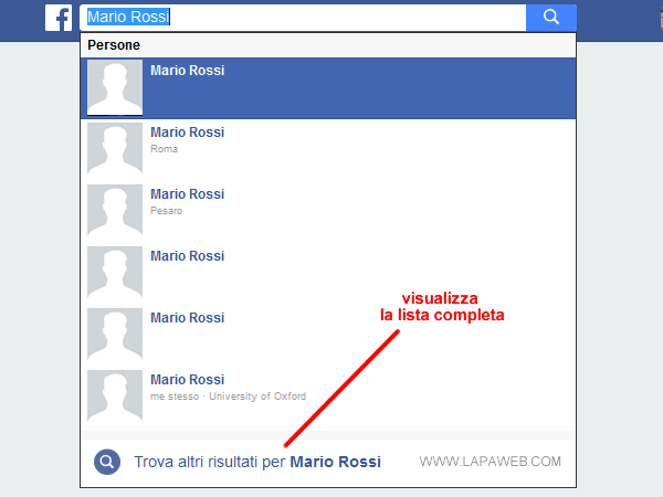 i risultati della ricerca su Facebook