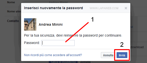 digitare la password dell'account Facebook per confermare