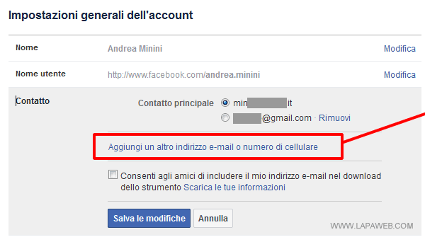 selezionare AGGIUNGI UN ALTRO INDIRIZZO EMAIL O NUMERO CELLULARE