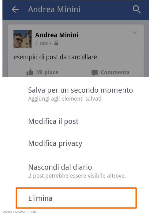 pigiare su ELIMINA per cancellare il post