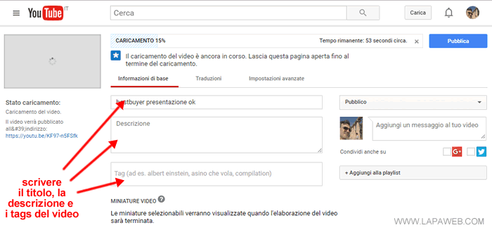 scrivere il titolo, la descrizione e i tags del file video