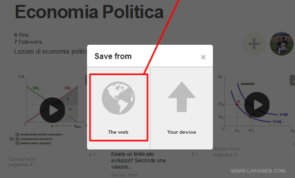 selezionare THE WEB per fare l'upload su Pinterest di una immagine da internet