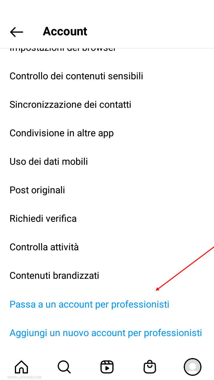 premo sulla voce Passa a un account per professionisti