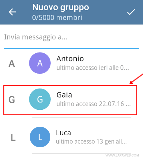 selezionare i contatti da inserire nel gruppo