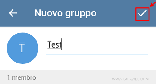 toccare la spunta in alto a destra per creare il nuovo gruppo su Telegram