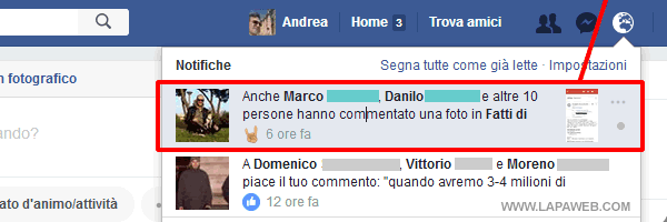 spostare il mouse sopra la notifica di Facebook da silenziare