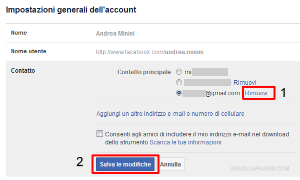 come eliminare l'indirizzo email da Facebook