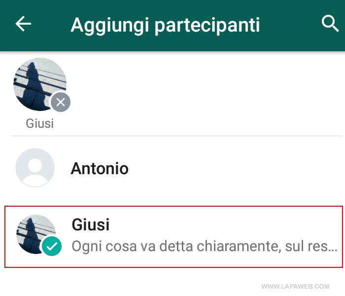 seleziona i contatti da inserire al gruppo Whatsapp