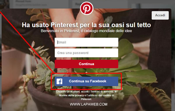 cliccare su CONTINUA CON FACEBOOK