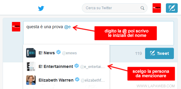 premo sul tasto della chiocciola @ e seleziono l'utente da citare