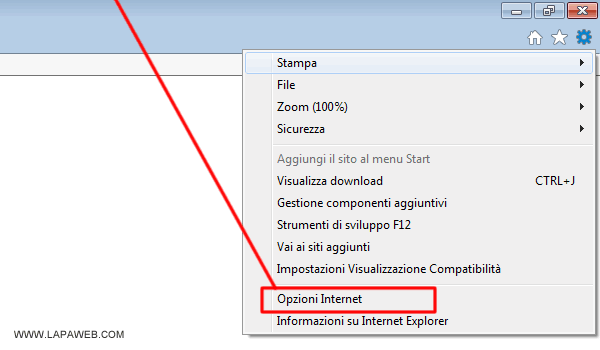 selezionare OPZIONI INTERNET 