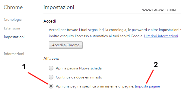 selezionare APRI UNA PAGINA SPECIFICA e cliccare su IMPOSTA PAGINA