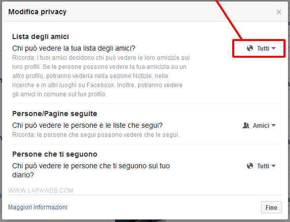 cliccare sul pulsante della LISTA DEGLI AMICI per modificare la privacy