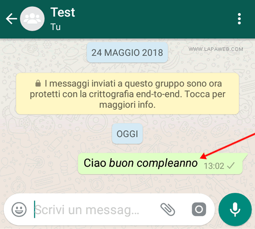 il messaggio è stato pubblicato con le parole in corsivo nella chat di Whatsapp
