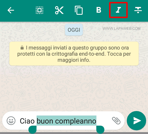 premo sul bottone Italics  nel menù superiore