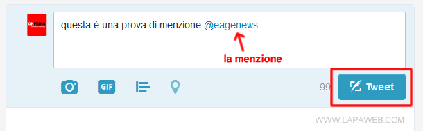 la menzione viene aggiunta al corpo del testo nel tweet