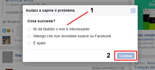 selezionare la ragione della segnalazione poi premere CONTINUA