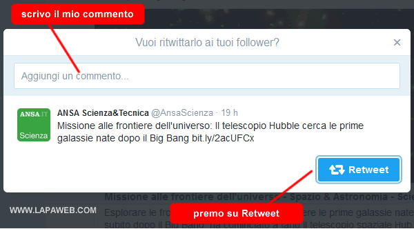 scrivo il mio commento e poi clicco su RETWEET