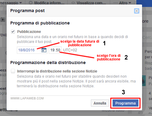 cliccare su PUBBLICAZIONE, poi scegliere la DATA e l'ORA di pubblicazione e infine cliccare su PROGRAMMA in basso a destra