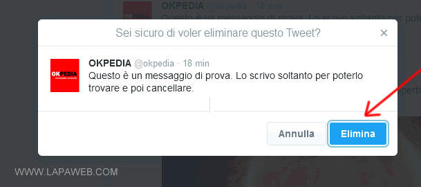 clicco sul bottone ELIMINA per confermare la rimozione del tweet