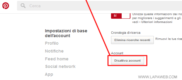 clicca su Disattiva account