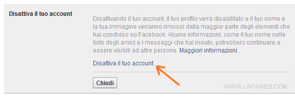 cliccate su disattiva il tuo account