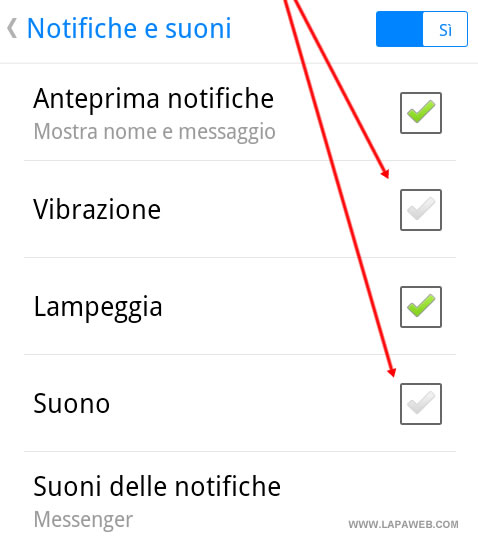 togliere la spunta a Suoni e Vibrazione