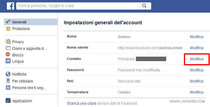 cliccare su MODIFICA vicino alla voce Contatto