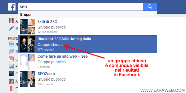 Un gruppo chiuso appare nei risultati di ricerca ed è parzialmente pubblico