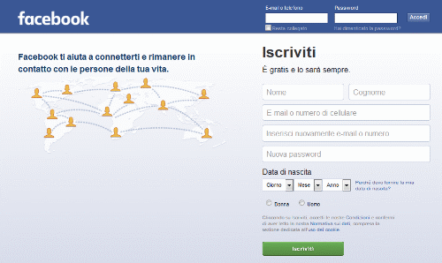 la home page di Facebook dove si può registrare un nuovo account