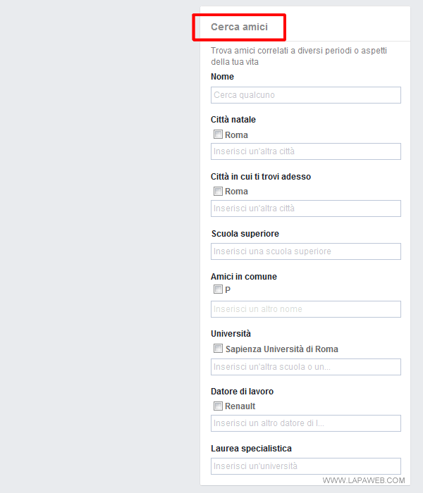 usa il box CERCA AMICI