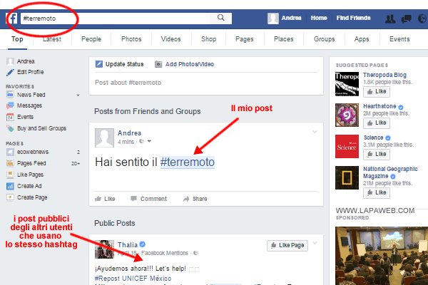 la ricerca per hashtags su Facebook