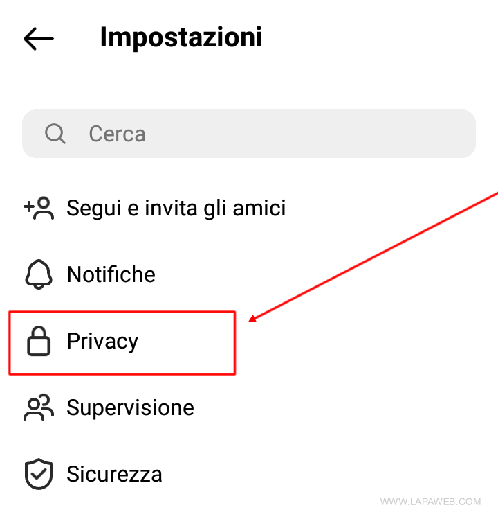 Seleziono la voce PRIVACY