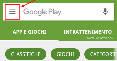 premere sull'icona delle IMPOSTAZIONI su PlayStore