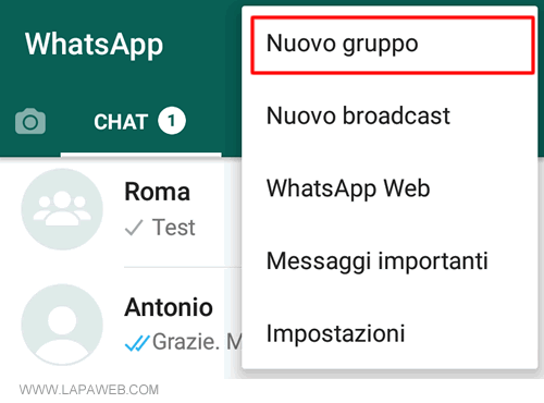selezionare NUOVO GRUPPO nel menù principale di Whatsapp