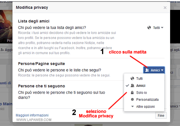 imposto la privacy per proteggere la lista delle persone e pagine seguite da sguardi indiscreti