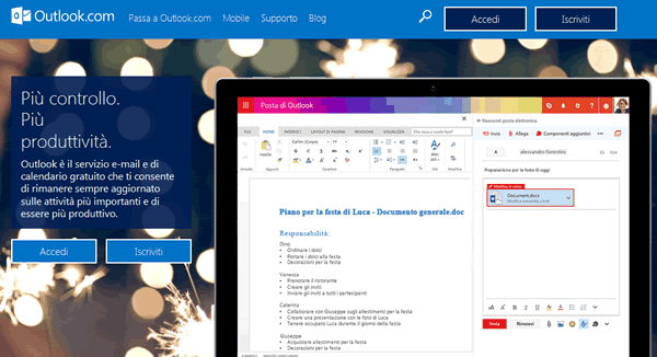 la home page del servizio Outlook di Microsoft