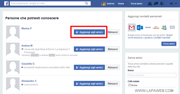 elenco delle persone che potrei conoscere su Facebook
