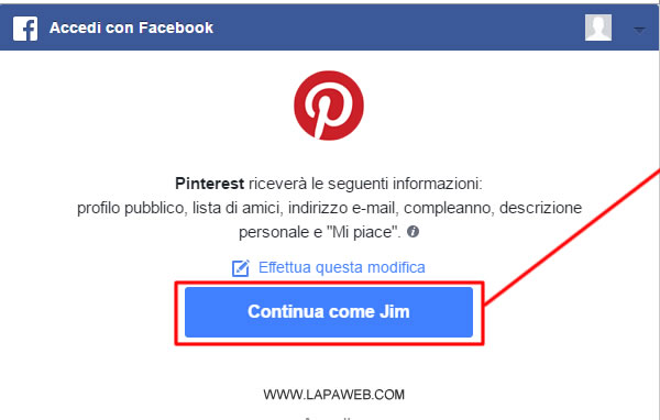 cliccare sul pulsante CONTINUA COME NOME FACEBOOK