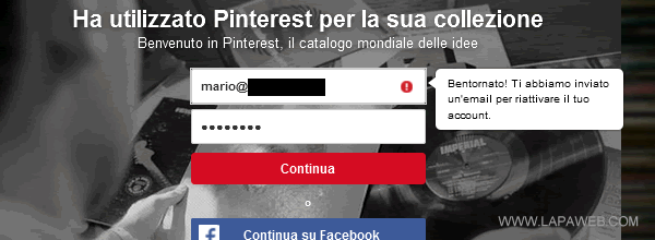 accedere a Pinterest per riattivare l'account