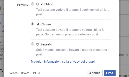 la scelta della privacy al momento dell'apertura di un gruppo su Facebook