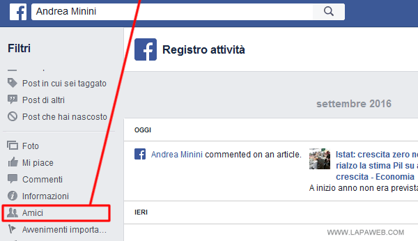 Selezionare AMICI nel menù laterale del Registro Attività