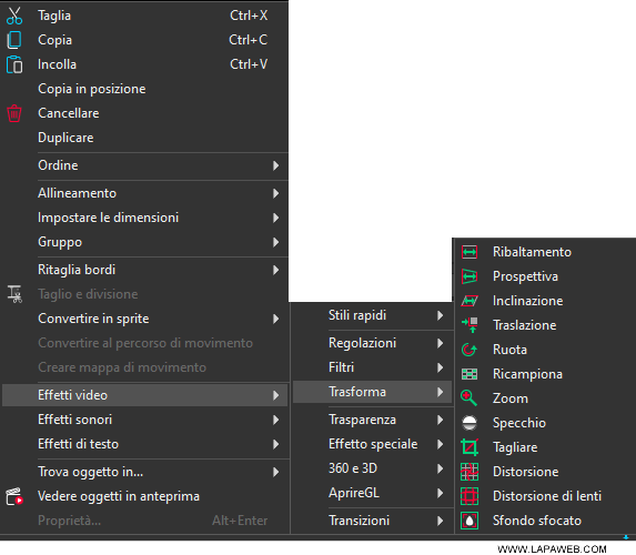 example of selecting the rotation effect from the menu