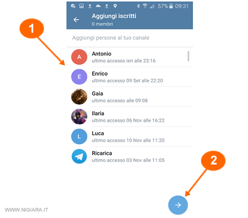 inserire i contatti della rubrica nel nuovo canale su Telegram