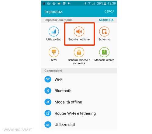 apri le impostazioni delle suoni e notifiche