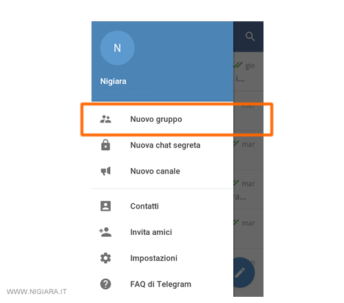 seleziona la voce Nuovo Gruppo nel menu